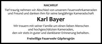 Traueranzeige von Bayer Karl von Frankenpost