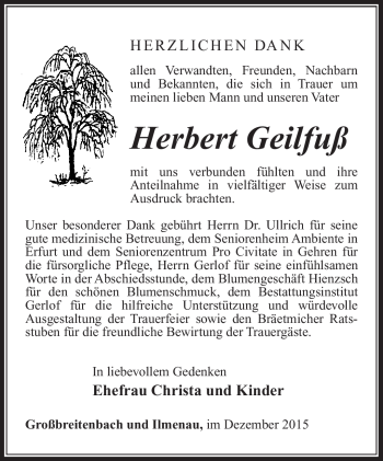 Traueranzeige von Herbert Geilfuß von Südthüringer Presse