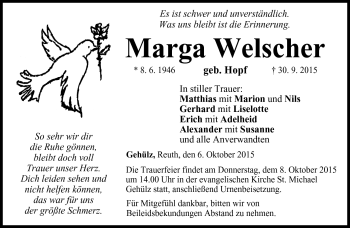 Traueranzeige von Marga Welscher von Neue Presse Coburg