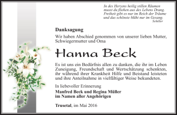 Traueranzeige von Hanna Beck von Südthüringer Presse
