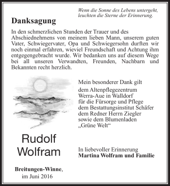 Traueranzeige von Rudolf Wolfram von Südthüringer Presse