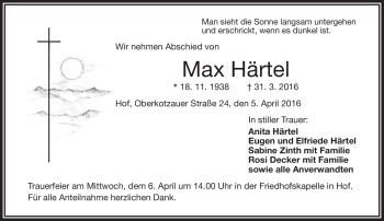 Traueranzeige von Max Härtel von Frankenpost