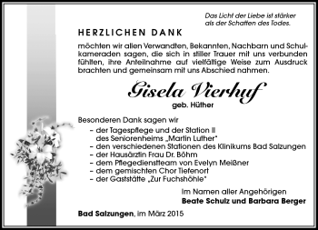 Traueranzeige von Gisela Vierhuf von Südthüringer Presse