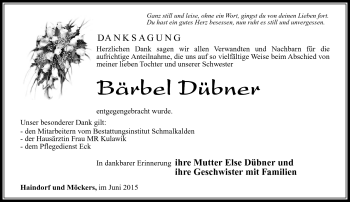 Traueranzeige von Bärbel Dübner von Südthüringer Presse