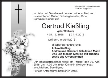 Traueranzeige von Gertrud Kießling von Frankenpost