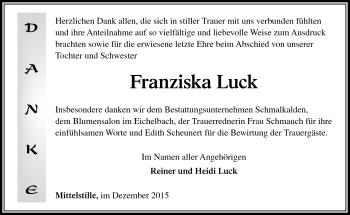 Traueranzeige von Franziska Luck von Südthüringer Presse