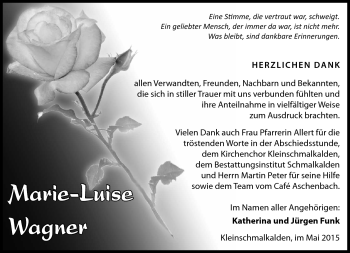 Traueranzeige von Marie-Luise Wagner von Südthüringer Presse