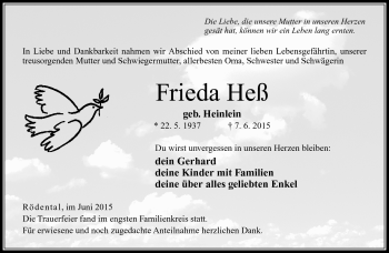 Traueranzeige von Frieda Heß von Neue Presse Coburg