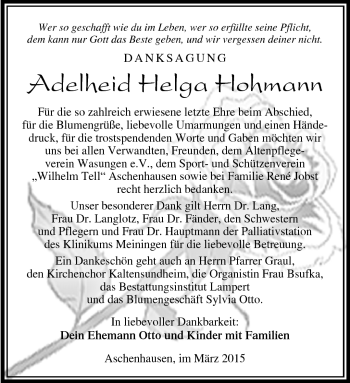 Traueranzeige von Adelheid Helga Hohmann von Südthüringer Presse
