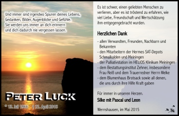 Traueranzeige von Peter Luck von Südthüringer Presse