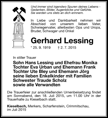 Traueranzeige von Gerhard Lessing von Südthüringer Presse
