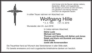 Traueranzeige von Wolfgang Hille von Frankenpost