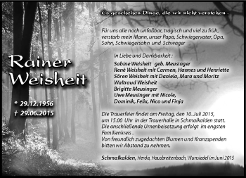 Traueranzeige von Rainer Weisheit von Südthüringer Presse