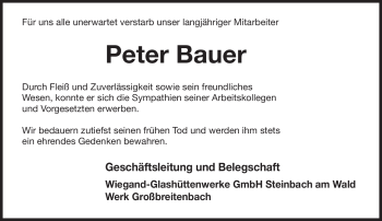 Traueranzeige von Peter Bauer von Südthüringer Presse