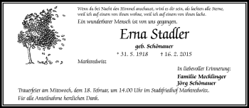 Traueranzeige von Erna Stadler von Frankenpost