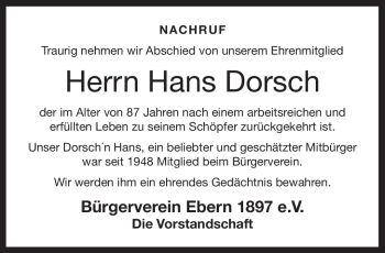Traueranzeige von Hans Dorsch von Neue Presse Coburg
