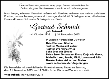 Traueranzeige von Gertrud Schmidt von Südthüringer Presse