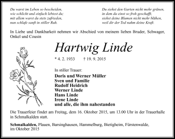 Traueranzeige von Hartwig Linde von Südthüringer Presse