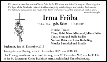 Traueranzeige von Irma Fröba von Neue Presse Coburg