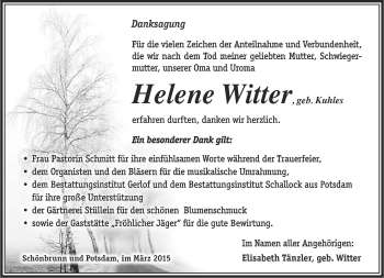 Traueranzeige von Helene Witter von Südthüringer Presse