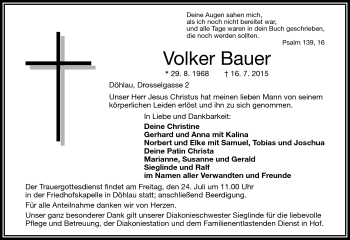 Traueranzeige von Volker Bauer von Frankenpost
