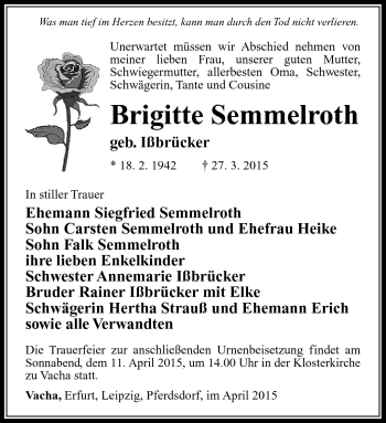 Traueranzeige von Brigitte Semmelroth von Südthüringer Presse