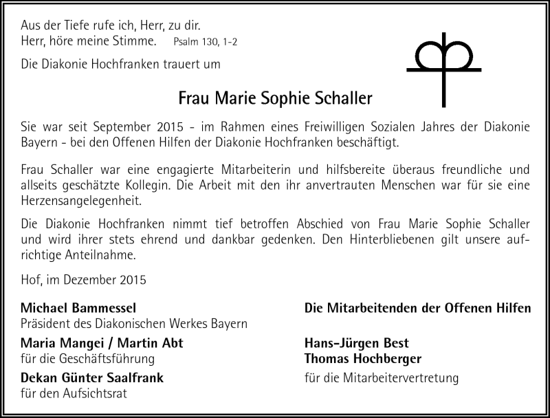  Traueranzeige für Marie Sophie Schaller vom 29.12.2015 aus Frankenpost