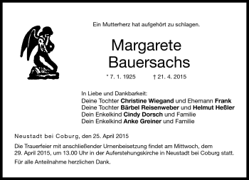 Traueranzeige von Margarete Bauersachs von Neue Presse Coburg