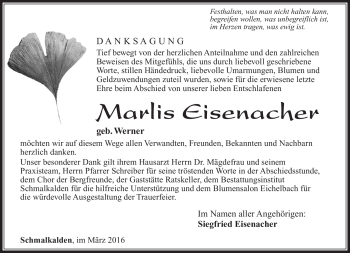 Traueranzeige von Marlis Eisenacher von Südthüringer Presse