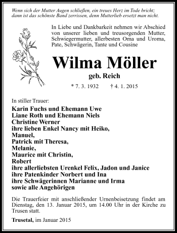 Traueranzeige von Wilma Möller von Südthüringer Presse
