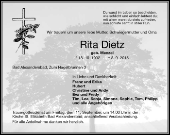 Traueranzeige von Rita Dietz von Frankenpost