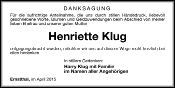 Traueranzeige von Henriette Klug von Südthüringer Presse
