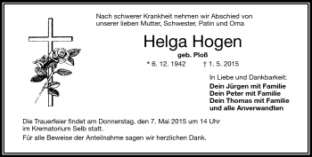 Traueranzeige von Helga Hogen von Frankenpost