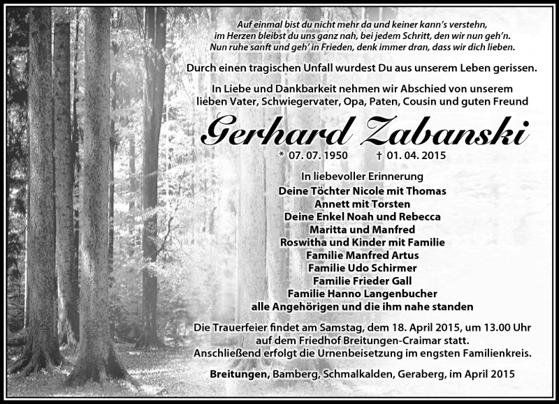  Traueranzeige für Gerhard Zabanski vom 14.04.2015 aus Südthüringer Presse