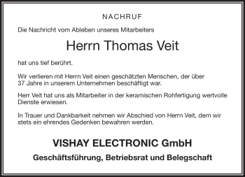 Traueranzeige von Thomas Veit von Frankenpost