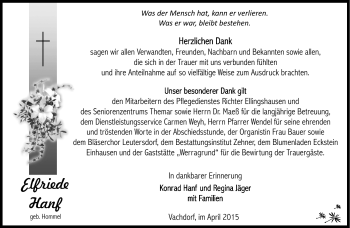 Traueranzeige von Elfriede Hanf von Südthüringer Presse