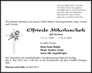 Traueranzeige von Elfriede Mikolaschek von Südthüringer Presse