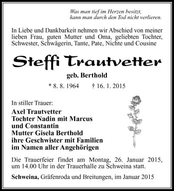 Traueranzeige von Steffi Trautvetter von Südthüringer Presse