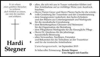 Traueranzeige von Hardi Stegner von Neue Presse Coburg