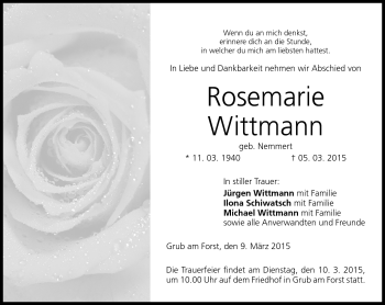Traueranzeige von Rosemarie Wittmann von Neue Presse Coburg