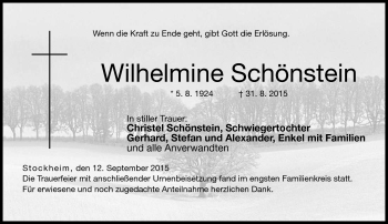 Traueranzeige von Wilhelmine Schönstein von Neue Presse Coburg