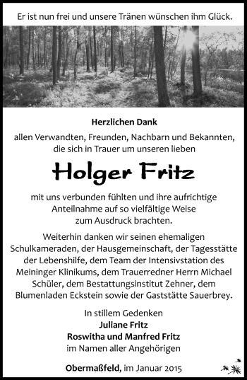 Traueranzeige von Holger Fritz von Südthüringer Presse