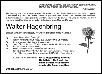 Traueranzeige von Walter Hagenbring von Südthüringer Presse