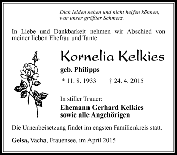 Traueranzeige von Kornelia Kelkies von Südthüringer Presse