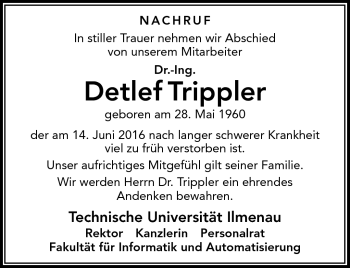 Traueranzeige von Detlef Trippler von Südthüringer Presse