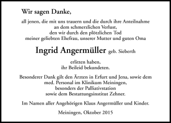 Traueranzeige von Ingrid Aumüller von Südthüringer Presse