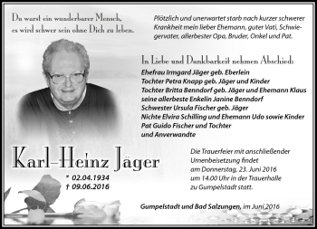 Traueranzeige von Karl-Heinz Jäger von Südthüringer Presse