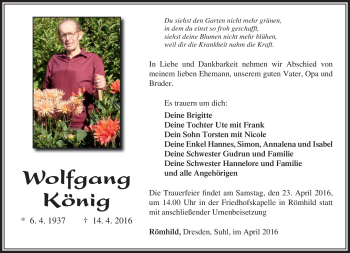 Traueranzeige von Wolfgang König von Südthüringer Presse
