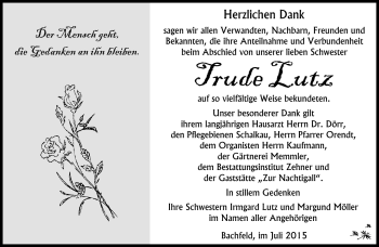 Traueranzeige von Trude Lutz von Südthüringer Presse