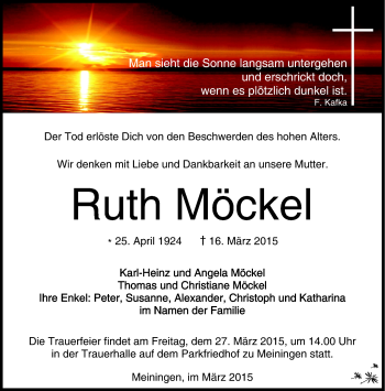 Traueranzeige von Ruth Möckel von Südthüringer Presse